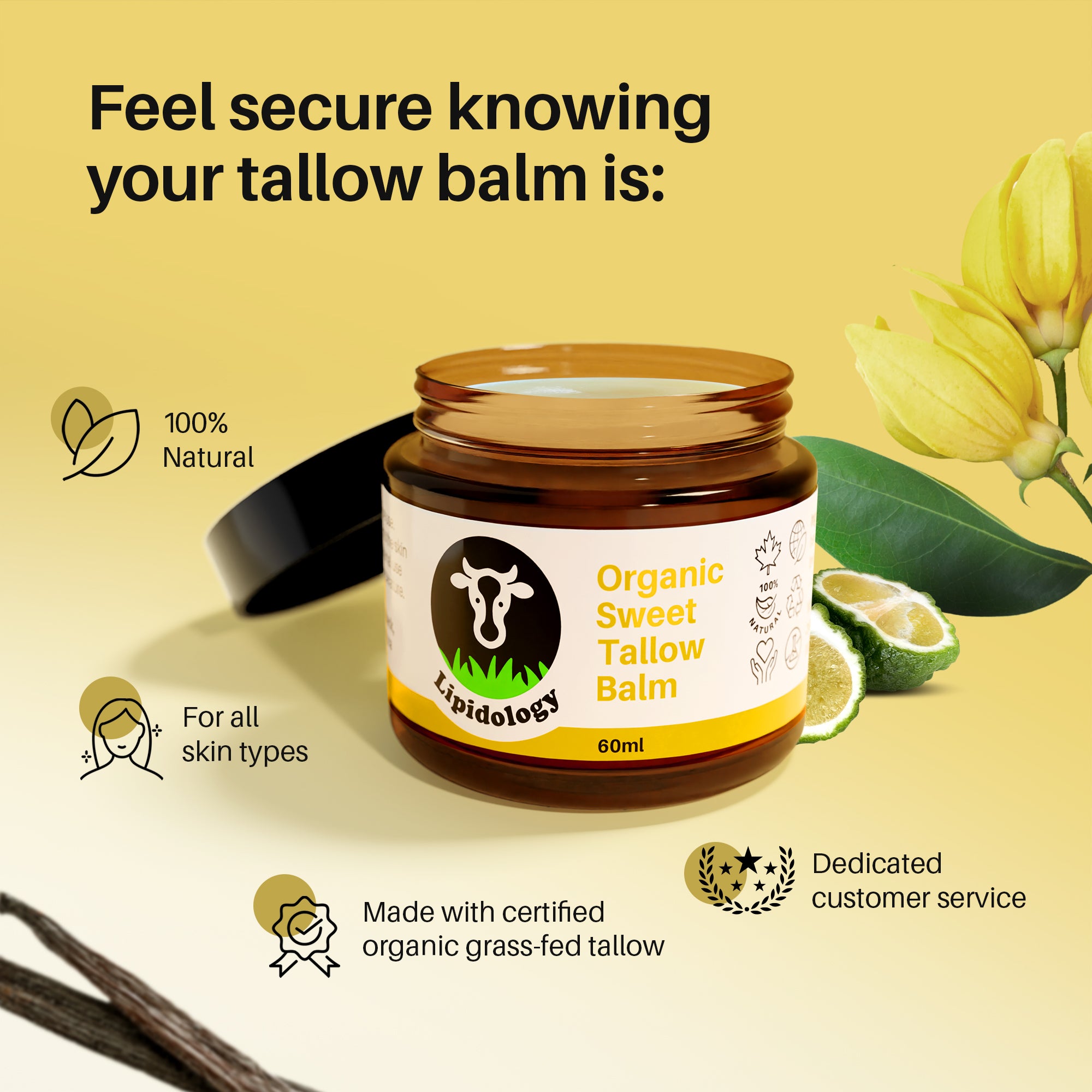 Organic Tallow Balm: Lavender, Vanilla, Ylang Ylang, Bergamot 60 ml