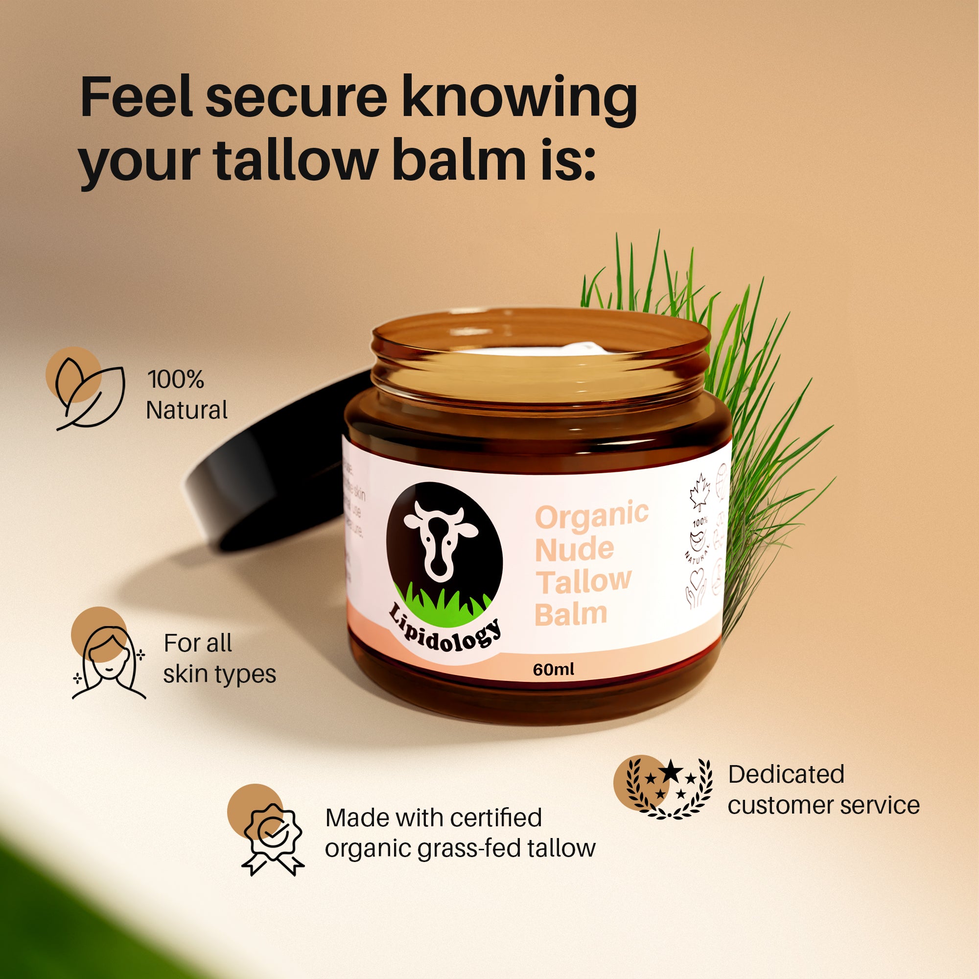 Organic Nude Tallow Face and Body Balm, Unscented, 60 ml