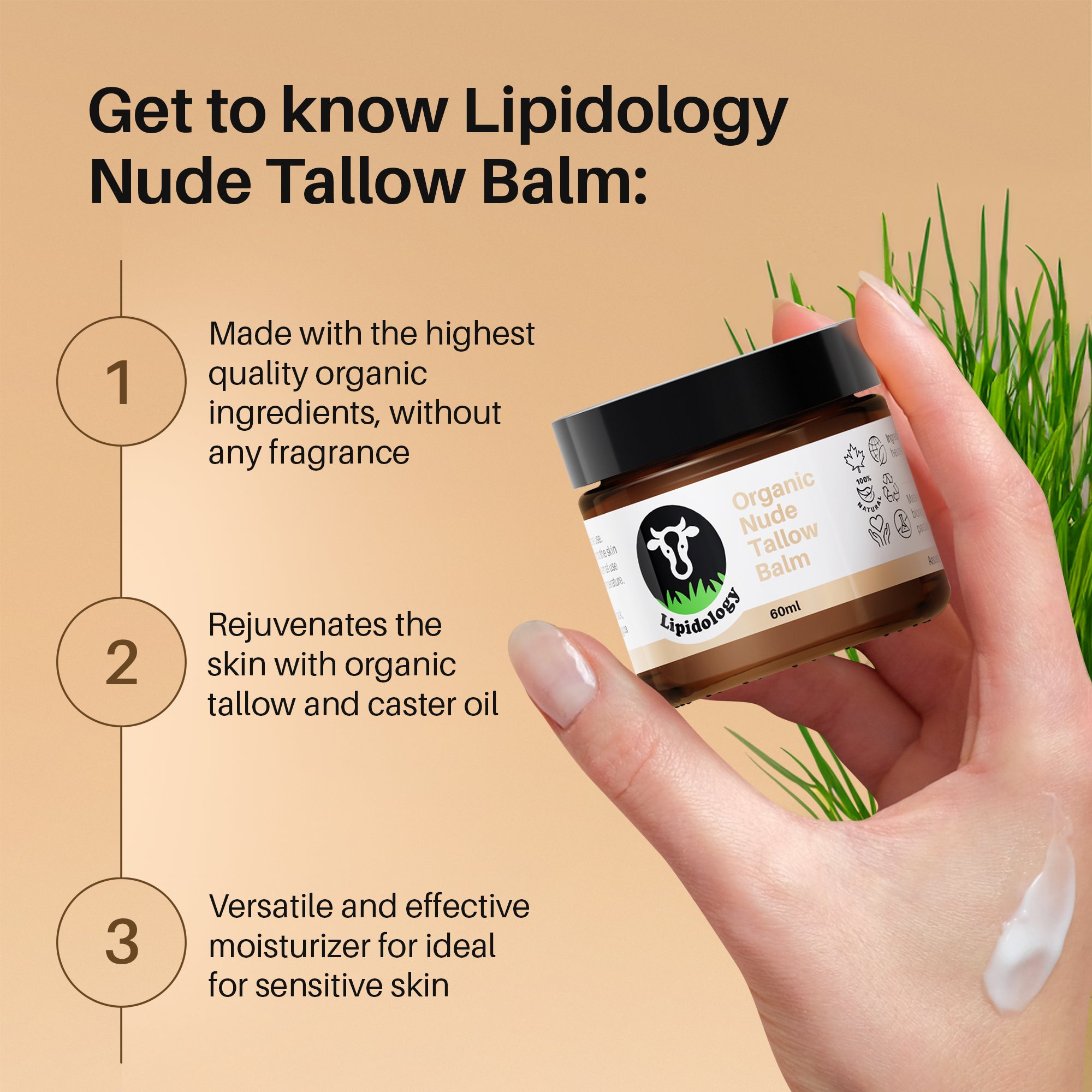 Organic Nude Tallow Face and Body Balm, Unscented, 60 ml