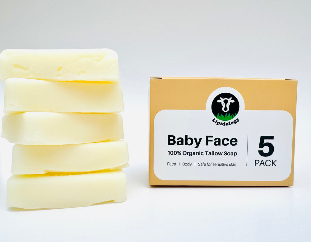 Baby_Face_Organic_Tallow_Soap-Pack_of_5-Discover the best beef tallow for skin with Lipidology, your premier source for tallow skincare in Canada. Our premium beef tallow-based products nourish and rejuvenate for healthier, glowing skin.