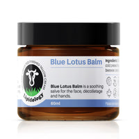 Jar of Blue Lotus Balm with a white label on a white background