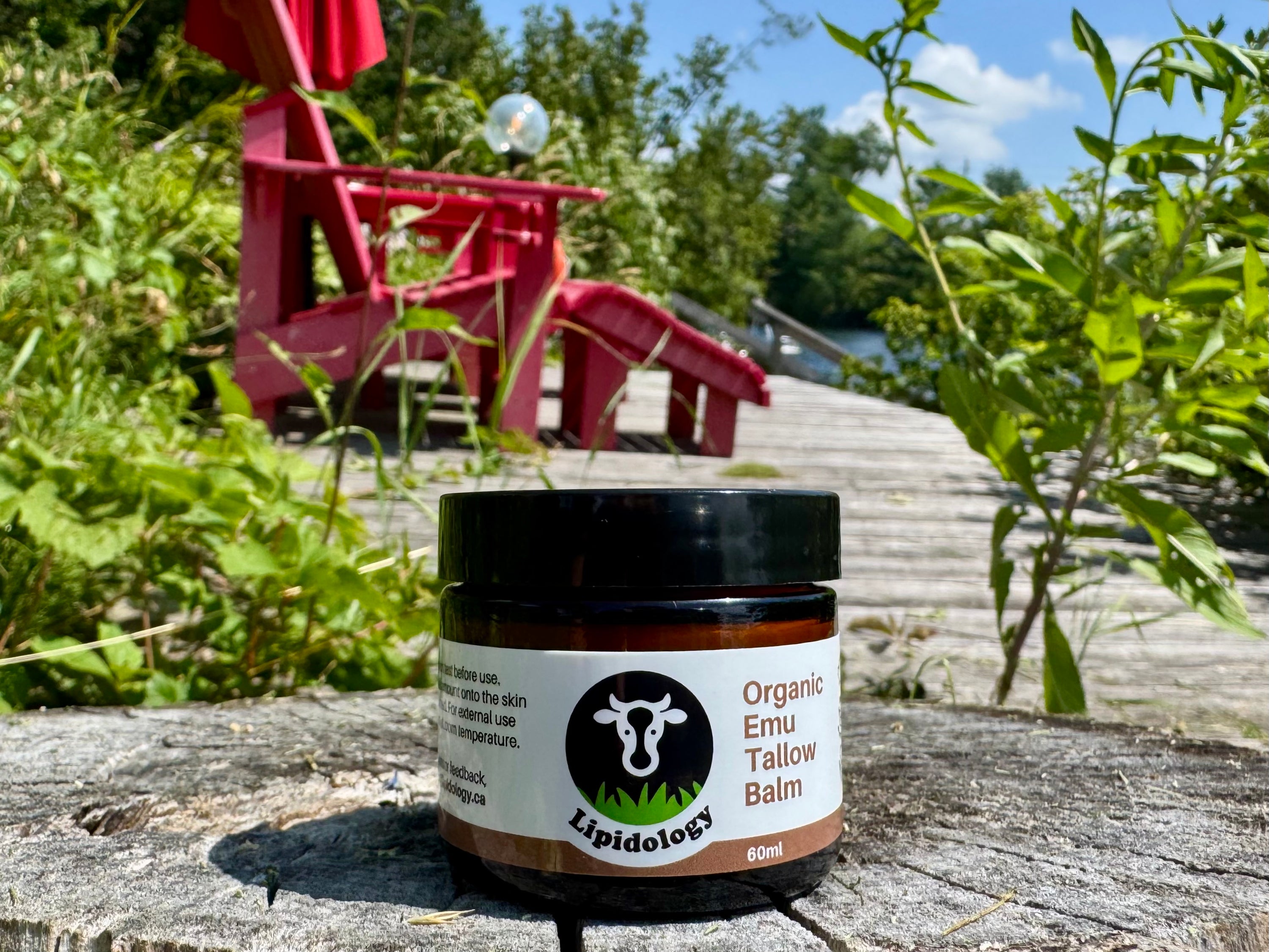 Jar of Lividology Organic Emu Tallow Balm on a wooden surface with a natural background