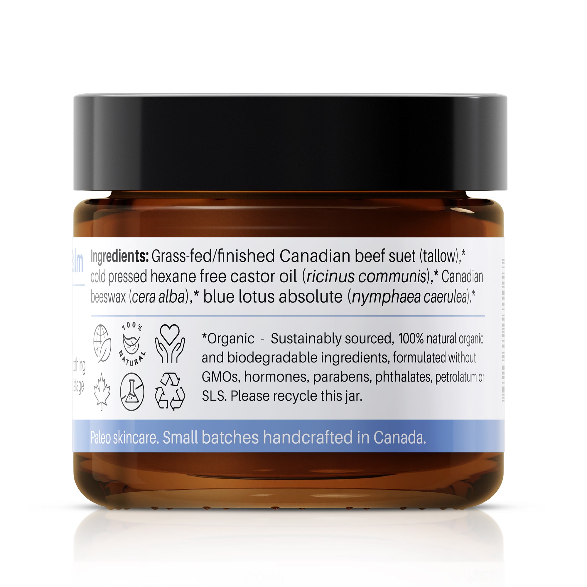 Organic Blue Lotus Tallow Balm Jar with a black lid and label on a white background